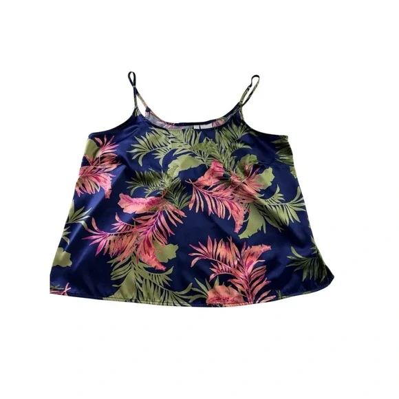 Joyspun Satin Scoopneck Palm Navy Green Pink Cami & Shorts Pajama Set Large - Picture 7 of 12